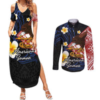 American Samoa Flag Day Couples Matching Summer Maxi Dress and Long Sleeve Button Shirt Polynesian Tatau Art and Plumeria LT03 Black - Polynesian Pride