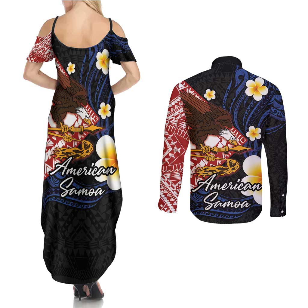 American Samoa Flag Day Couples Matching Summer Maxi Dress and Long Sleeve Button Shirt Polynesian Tatau Art and Plumeria LT03 - Polynesian Pride