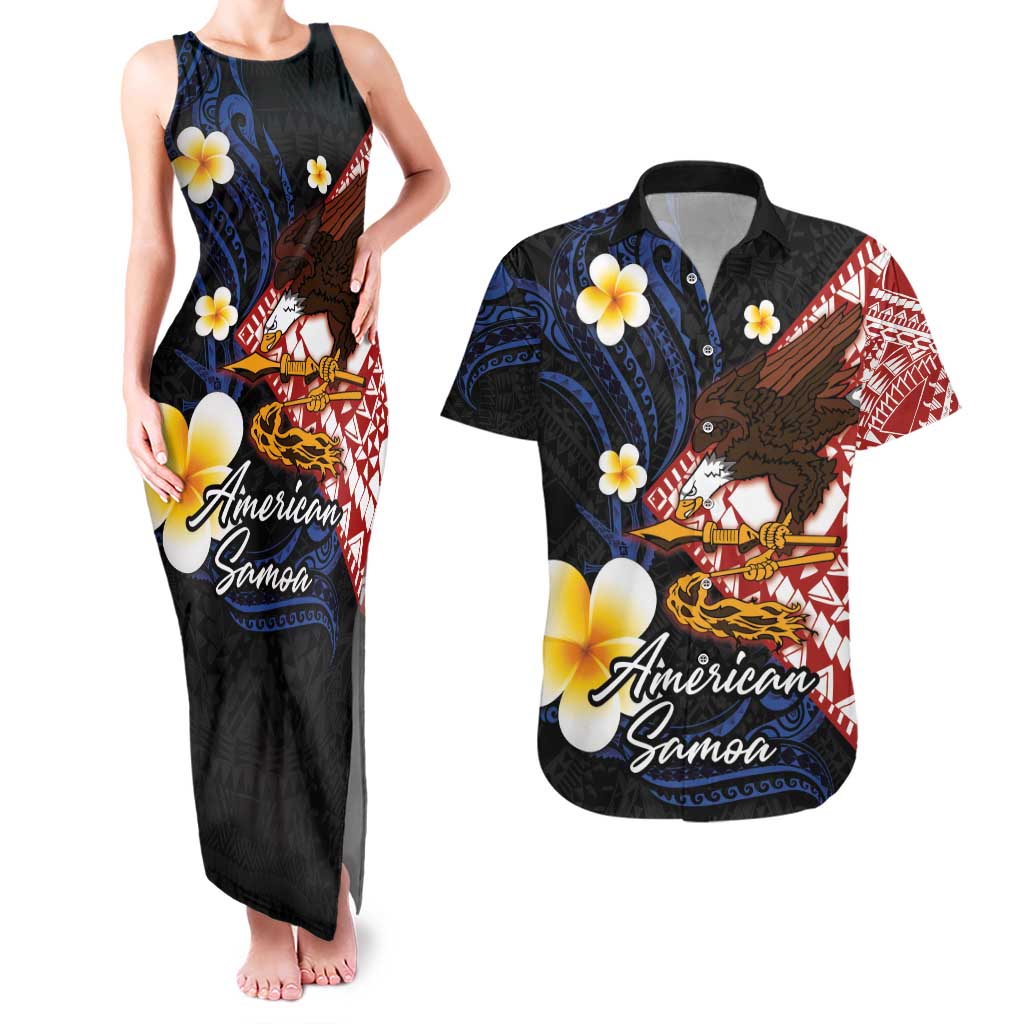 American Samoa Flag Day Couples Matching Tank Maxi Dress and Hawaiian Shirt Polynesian Tatau Art and Plumeria LT03 Black - Polynesian Pride