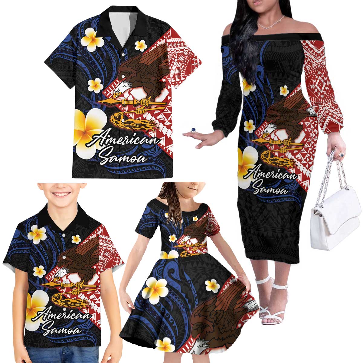 American Samoa Flag Day Family Matching Off The Shoulder Long Sleeve Dress and Hawaiian Shirt Polynesian Tatau Art and Plumeria LT03 - Polynesian Pride