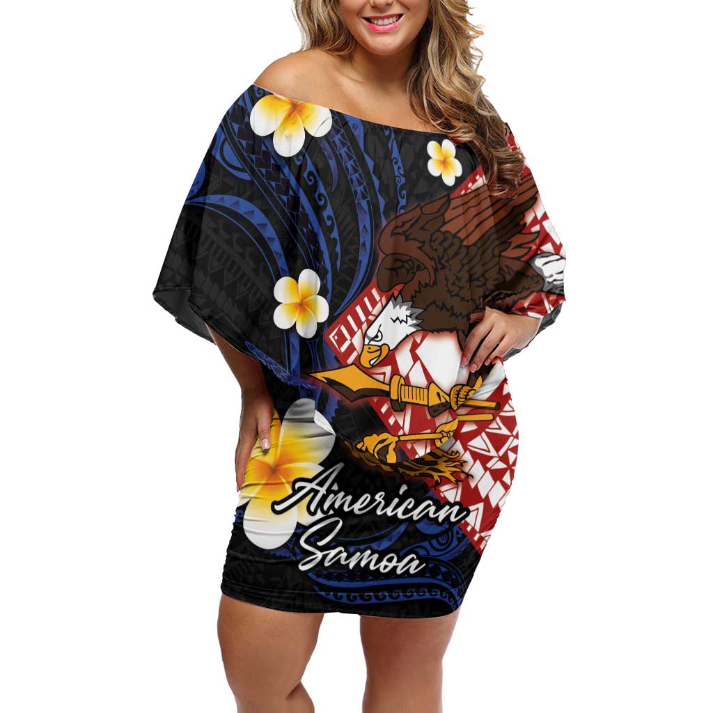 American Samoa Flag Day Family Matching Off Shoulder Short Dress and Hawaiian Shirt Polynesian Tatau Art and Plumeria LT03 Mom's Dress Black - Polynesian Pride