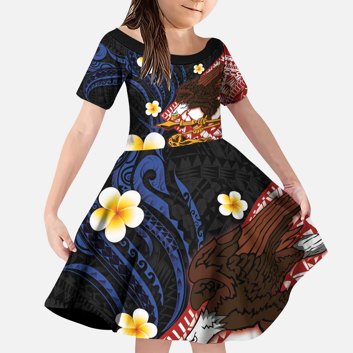 American Samoa Flag Day Kid Short Sleeve Dress Polynesian Tatau Art and Plumeria