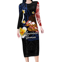 American Samoa Flag Day Long Sleeve Bodycon Dress Polynesian Tatau Art and Plumeria LT03 Long Dress Black - Polynesian Pride