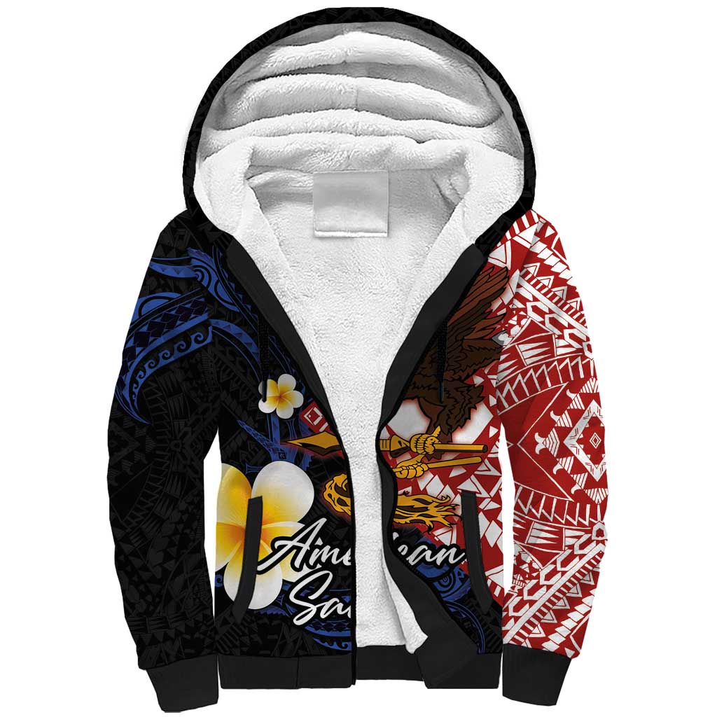 American Samoa Flag Day Sherpa Hoodie Polynesian Tatau Art and Plumeria LT03 Unisex Black - Polynesian Pride