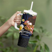 American Samoa Flag Day Tumbler With Handle Polynesian Tatau Art and Plumeria