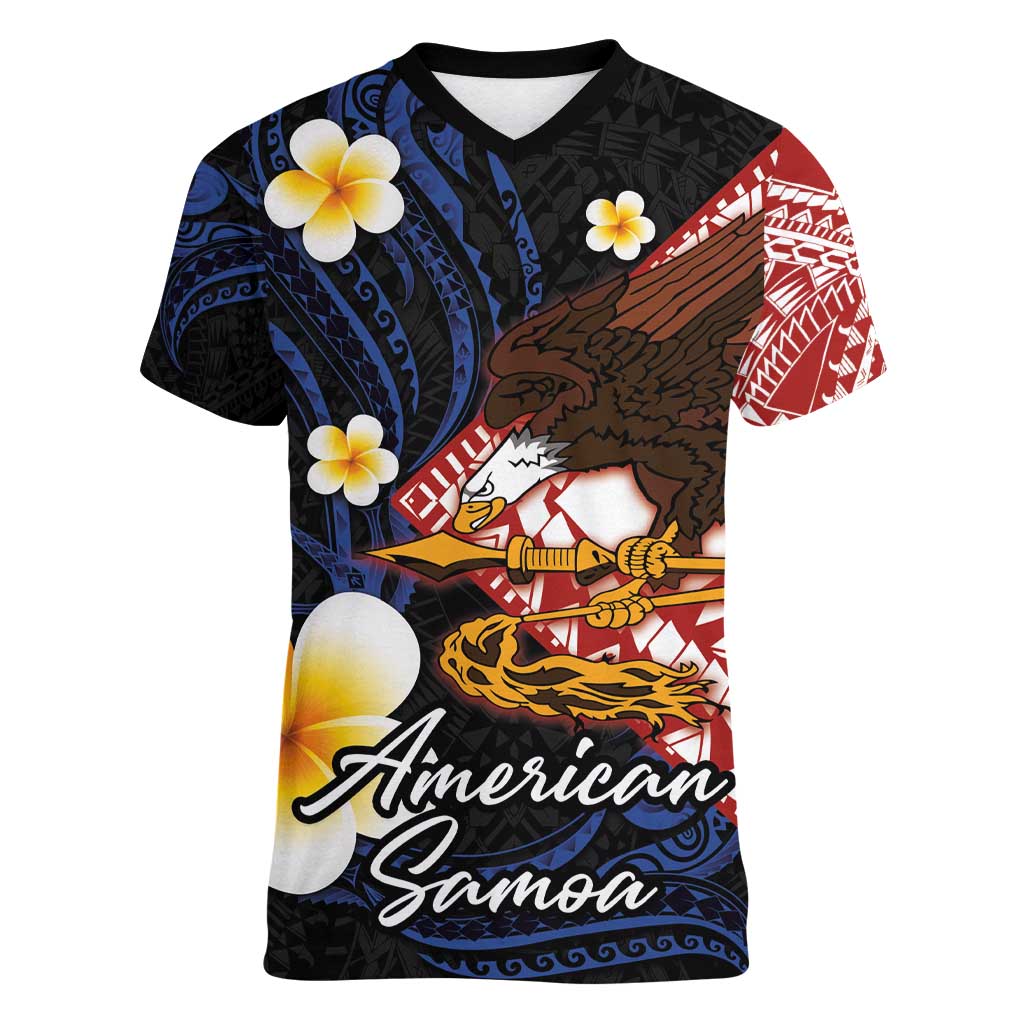 American Samoa Flag Day Women V-Neck T-Shirt Polynesian Tatau Art and Plumeria LT03 Female Black - Polynesian Pride