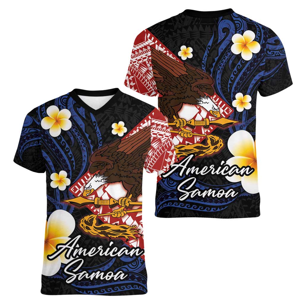 American Samoa Flag Day Women V-Neck T-Shirt Polynesian Tatau Art and Plumeria LT03 - Polynesian Pride