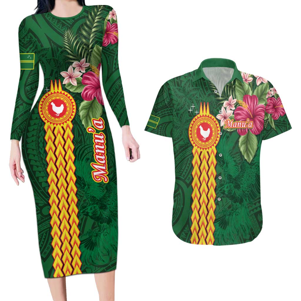 Personalised Manuʻa Islands Couples Matching Long Sleeve Bodycon Dress and Hawaiian Shirt Polynesian Style with Rooster Tattoo and Tropical Plants LT03 Green - Polynesian Pride