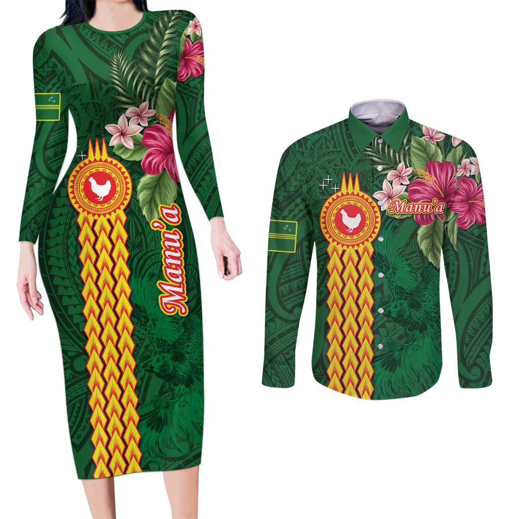 Manuʻa Islands Couples Matching Long Sleeve Bodycon Dress and Long Sleeve Button Shirt Polynesian Style with Rooster Tattoo and Tropical Plants
