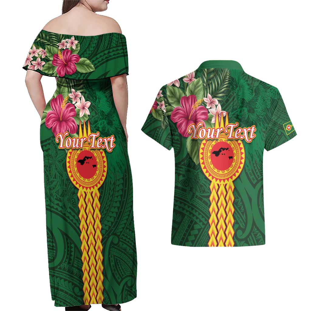 Personalised Manuʻa Islands Couples Matching Off Shoulder Maxi Dress and Hawaiian Shirt Polynesian Style with Rooster Tattoo and Tropical Plants LT03 - Polynesian Pride