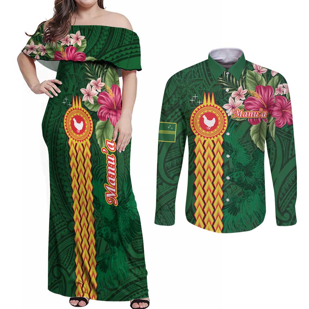 Personalised Manuʻa Islands Couples Matching Off Shoulder Maxi Dress and Long Sleeve Button Shirt Polynesian Style with Rooster Tattoo and Tropical Plants LT03 Green - Polynesian Pride
