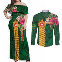 Personalised Manuʻa Islands Couples Matching Off Shoulder Maxi Dress and Long Sleeve Button Shirt Polynesian Style with Rooster Tattoo and Tropical Plants LT03 Green - Polynesian Pride