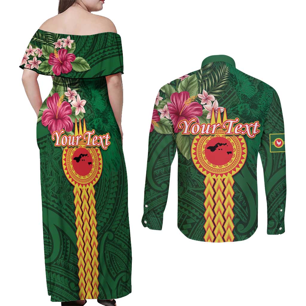 Personalised Manuʻa Islands Couples Matching Off Shoulder Maxi Dress and Long Sleeve Button Shirt Polynesian Style with Rooster Tattoo and Tropical Plants LT03 - Polynesian Pride