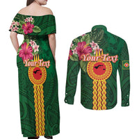 Personalised Manuʻa Islands Couples Matching Off Shoulder Maxi Dress and Long Sleeve Button Shirt Polynesian Style with Rooster Tattoo and Tropical Plants LT03 - Polynesian Pride