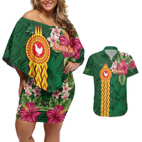 Personalised Manuʻa Islands Couples Matching Off Shoulder Short Dress and Hawaiian Shirt Polynesian Style with Rooster Tattoo and Tropical Plants LT03 Green - Polynesian Pride
