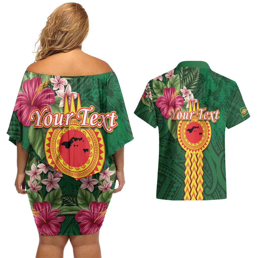 Personalised Manuʻa Islands Couples Matching Off Shoulder Short Dress and Hawaiian Shirt Polynesian Style with Rooster Tattoo and Tropical Plants LT03 - Polynesian Pride