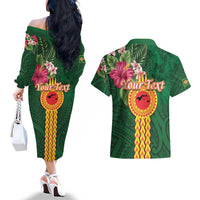 Personalised Manuʻa Islands Couples Matching Off The Shoulder Long Sleeve Dress and Hawaiian Shirt Polynesian Style with Rooster Tattoo and Tropical Plants LT03 - Polynesian Pride
