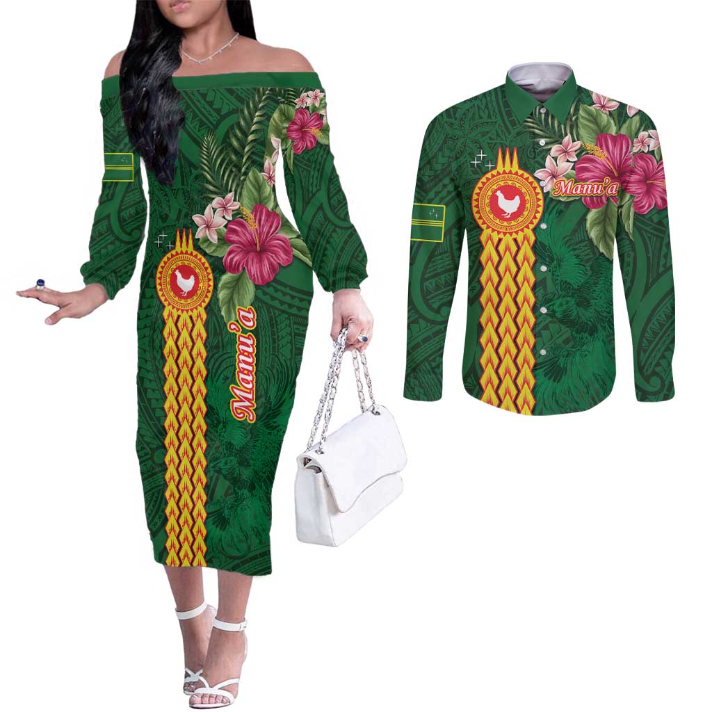 Personalised Manuʻa Islands Couples Matching Off The Shoulder Long Sleeve Dress and Long Sleeve Button Shirt Polynesian Style with Rooster Tattoo and Tropical Plants LT03 Green - Polynesian Pride