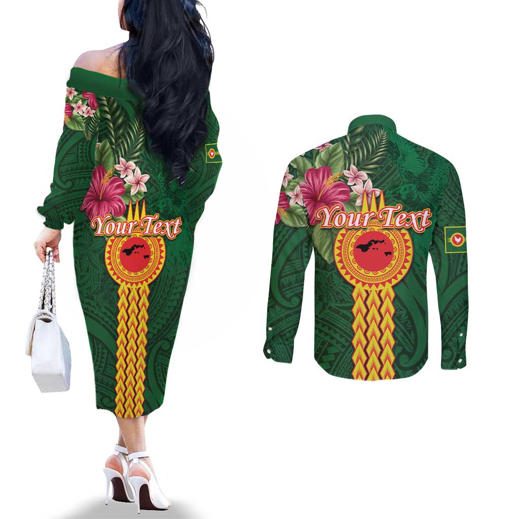 Personalised Manuʻa Islands Couples Matching Off The Shoulder Long Sleeve Dress and Long Sleeve Button Shirt Polynesian Style with Rooster Tattoo and Tropical Plants LT03 - Polynesian Pride