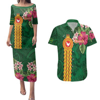 Personalised Manuʻa Islands Couples Matching Puletasi and Hawaiian Shirt Polynesian Style with Rooster Tattoo and Tropical Plants LT03 Green - Polynesian Pride