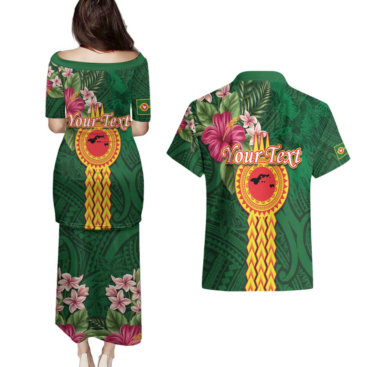 Personalised Manuʻa Islands Couples Matching Puletasi and Hawaiian Shirt Polynesian Style with Rooster Tattoo and Tropical Plants LT03 - Polynesian Pride