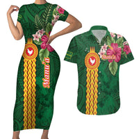 Personalised Manuʻa Islands Couples Matching Short Sleeve Bodycon Dress and Hawaiian Shirt Polynesian Style with Rooster Tattoo and Tropical Plants LT03 Green - Polynesian Pride