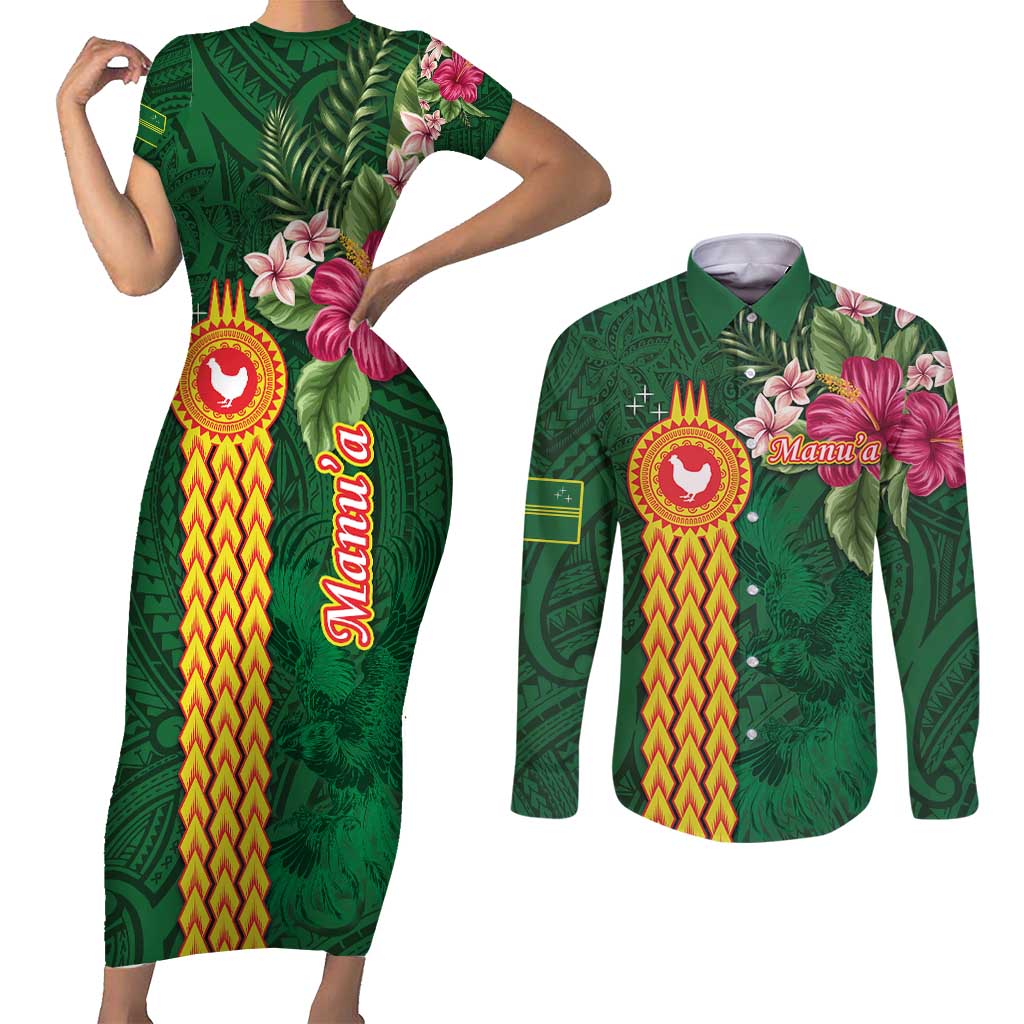 Manuʻa Islands Couples Matching Short Sleeve Bodycon Dress and Long Sleeve Button Shirt Polynesian Style with Rooster Tattoo and Tropical Plants