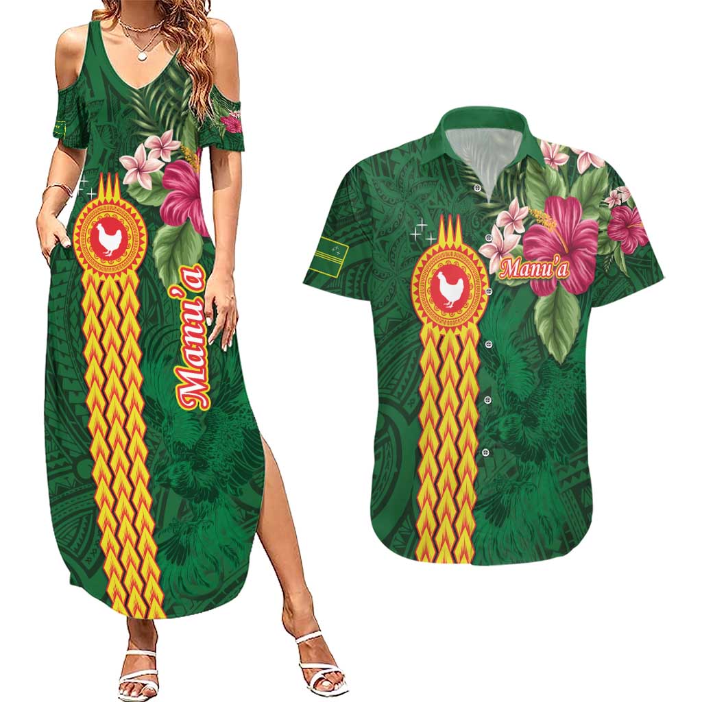 Personalised Manuʻa Islands Couples Matching Summer Maxi Dress and Hawaiian Shirt Polynesian Style with Rooster Tattoo and Tropical Plants LT03 Green - Polynesian Pride