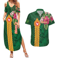 Personalised Manuʻa Islands Couples Matching Summer Maxi Dress and Hawaiian Shirt Polynesian Style with Rooster Tattoo and Tropical Plants LT03 Green - Polynesian Pride