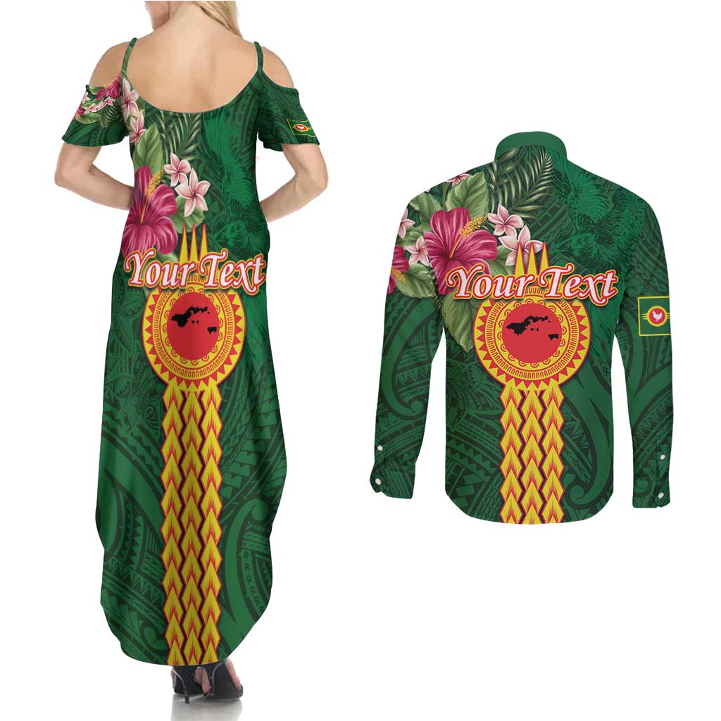 Personalised Manuʻa Islands Couples Matching Summer Maxi Dress and Long Sleeve Button Shirt Polynesian Style with Rooster Tattoo and Tropical Plants LT03 - Polynesian Pride