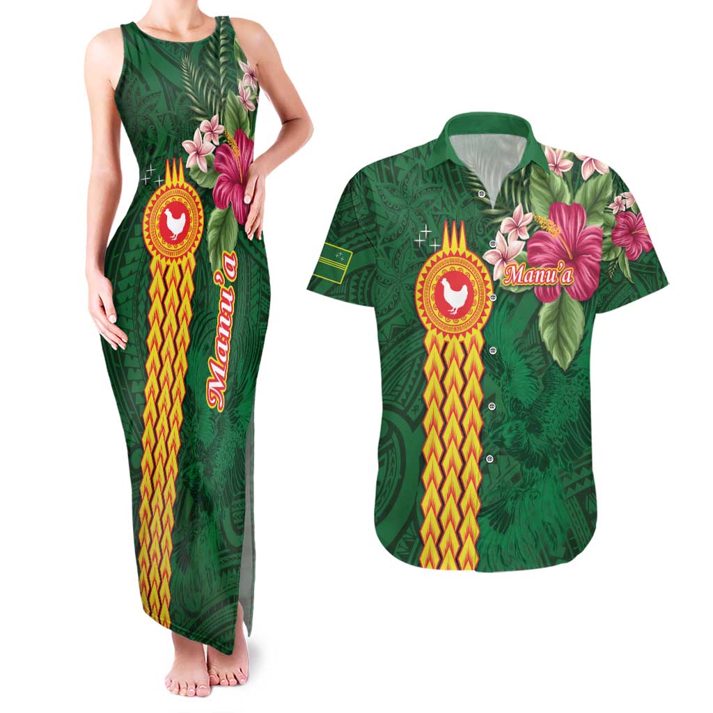 Personalised Manuʻa Islands Couples Matching Tank Maxi Dress and Hawaiian Shirt Polynesian Style with Rooster Tattoo and Tropical Plants LT03 Green - Polynesian Pride