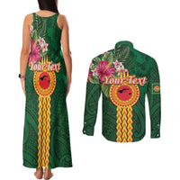 Personalised Manuʻa Islands Couples Matching Tank Maxi Dress and Long Sleeve Button Shirt Polynesian Style with Rooster Tattoo and Tropical Plants LT03 - Polynesian Pride