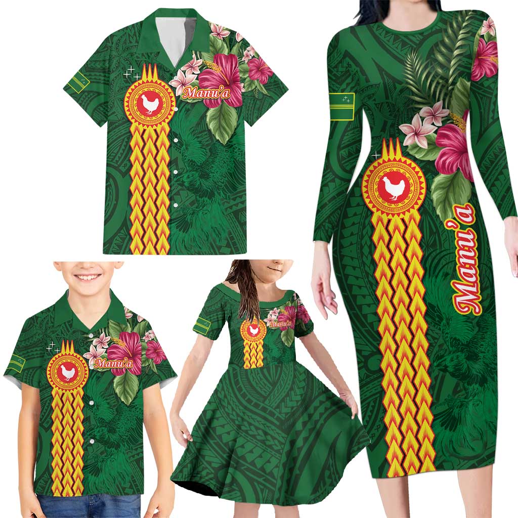 Personalised Manuʻa Islands Family Matching Long Sleeve Bodycon Dress and Hawaiian Shirt Polynesian Style with Rooster Tattoo and Tropical Plants LT03 - Polynesian Pride