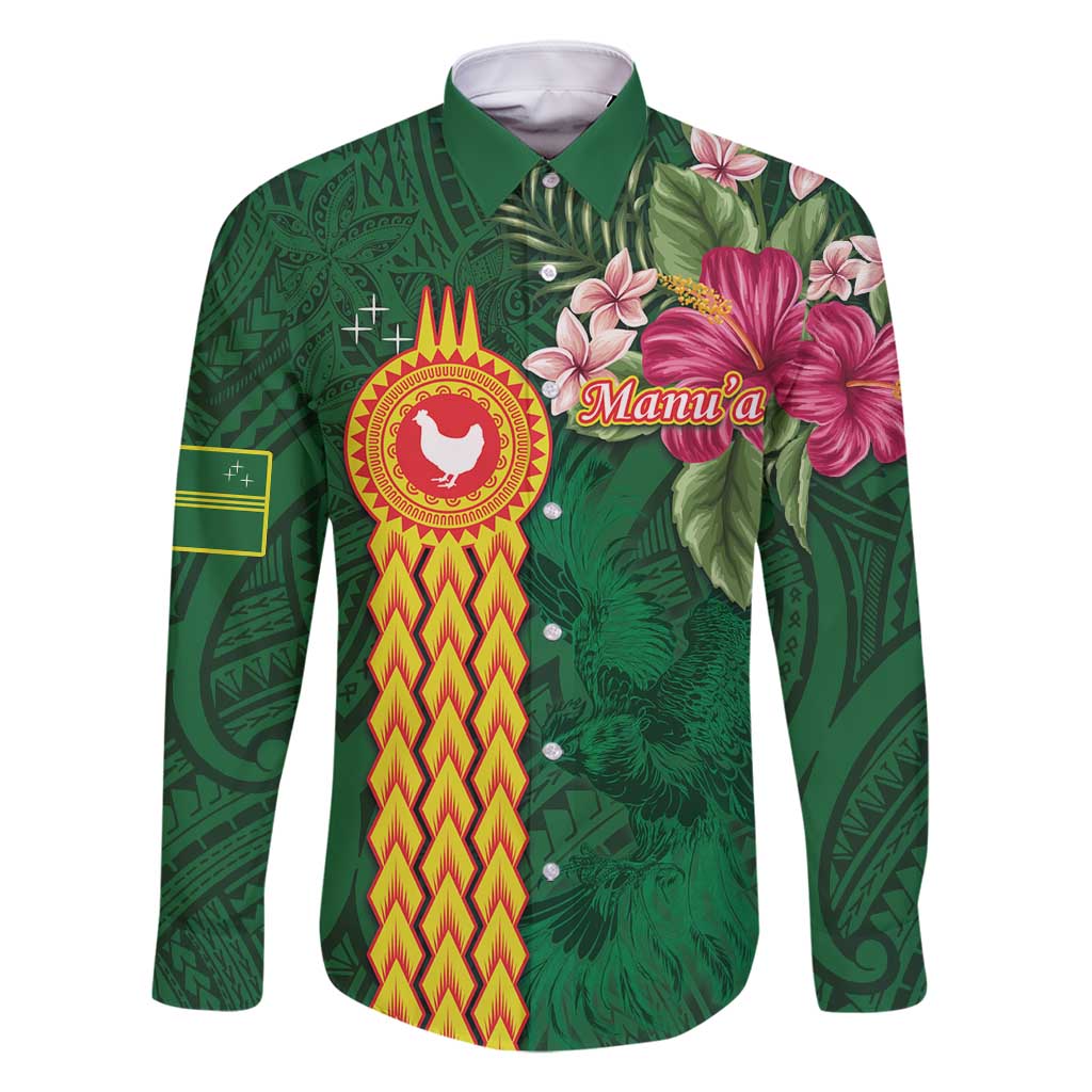 Personalised Manuʻa Islands Family Matching Long Sleeve Bodycon Dress and Hawaiian Shirt Polynesian Style with Rooster Tattoo and Tropical Plants LT03 Dad's Shirt - Long Sleeve Green - Polynesian Pride