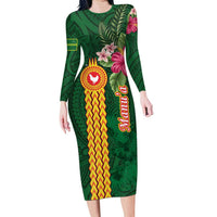 Personalised Manuʻa Islands Family Matching Long Sleeve Bodycon Dress and Hawaiian Shirt Polynesian Style with Rooster Tattoo and Tropical Plants LT03 Mom's Dress Green - Polynesian Pride