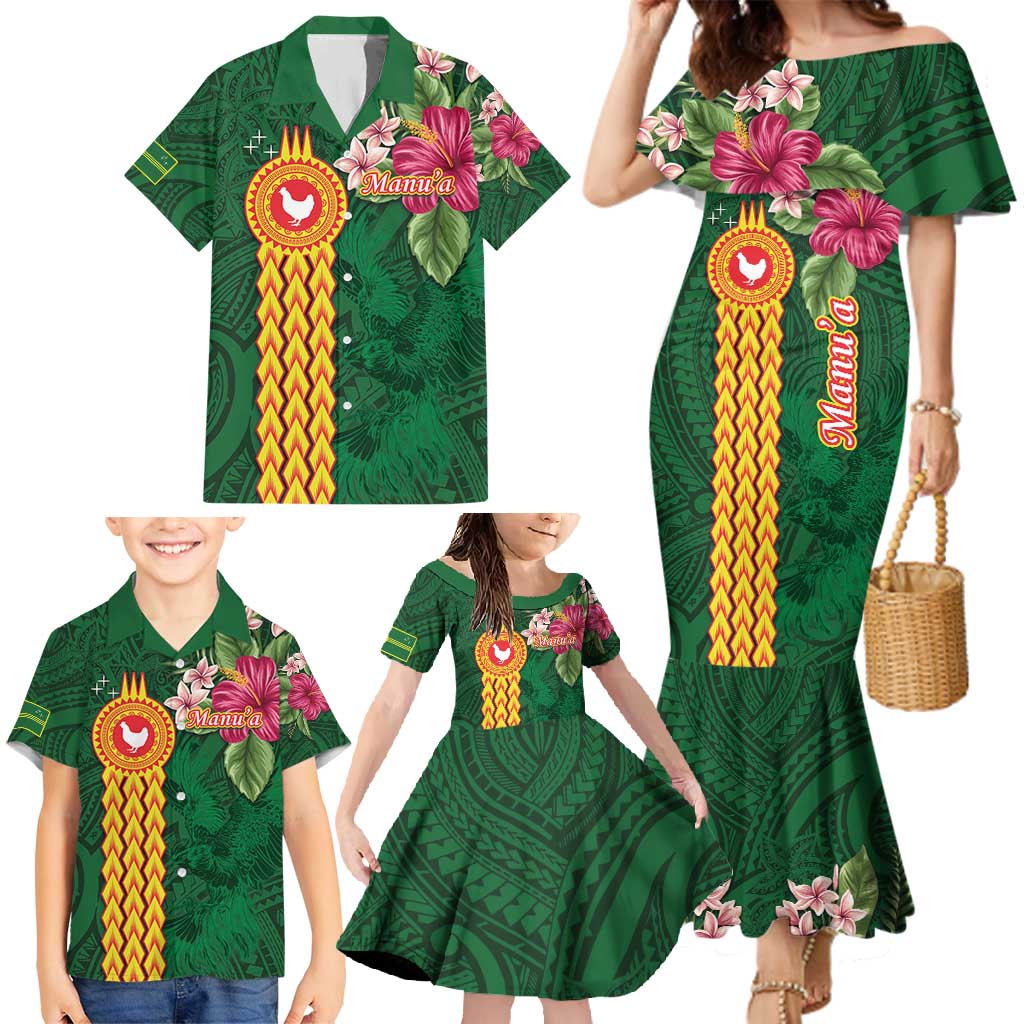 Personalised Manuʻa Islands Family Matching Mermaid Dress and Hawaiian Shirt Polynesian Style with Rooster Tattoo and Tropical Plants LT03 - Polynesian Pride