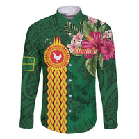 Personalised Manuʻa Islands Family Matching Mermaid Dress and Hawaiian Shirt Polynesian Style with Rooster Tattoo and Tropical Plants LT03 Dad's Shirt - Long Sleeve Green - Polynesian Pride