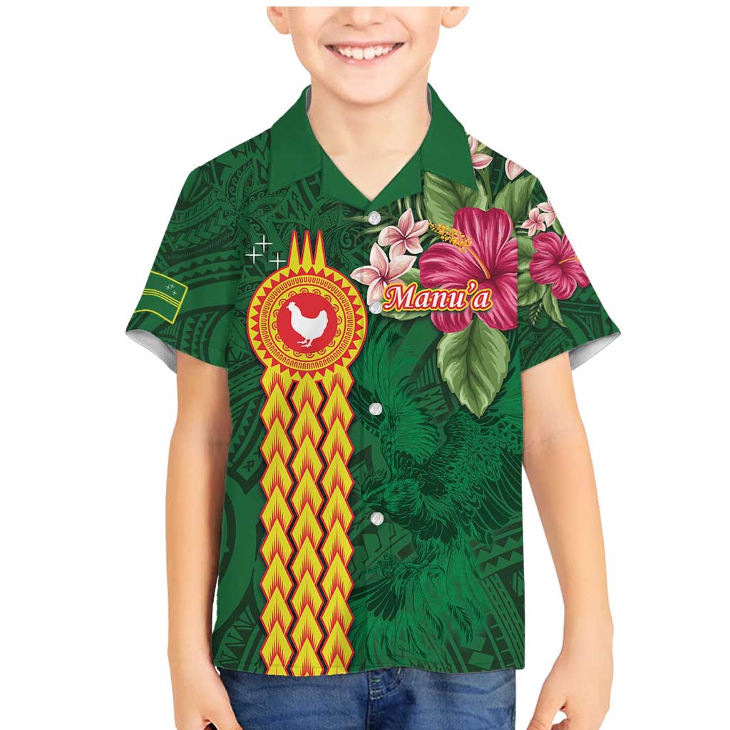 Personalised Manuʻa Islands Family Matching Mermaid Dress and Hawaiian Shirt Polynesian Style with Rooster Tattoo and Tropical Plants LT03 Son's Shirt Green - Polynesian Pride
