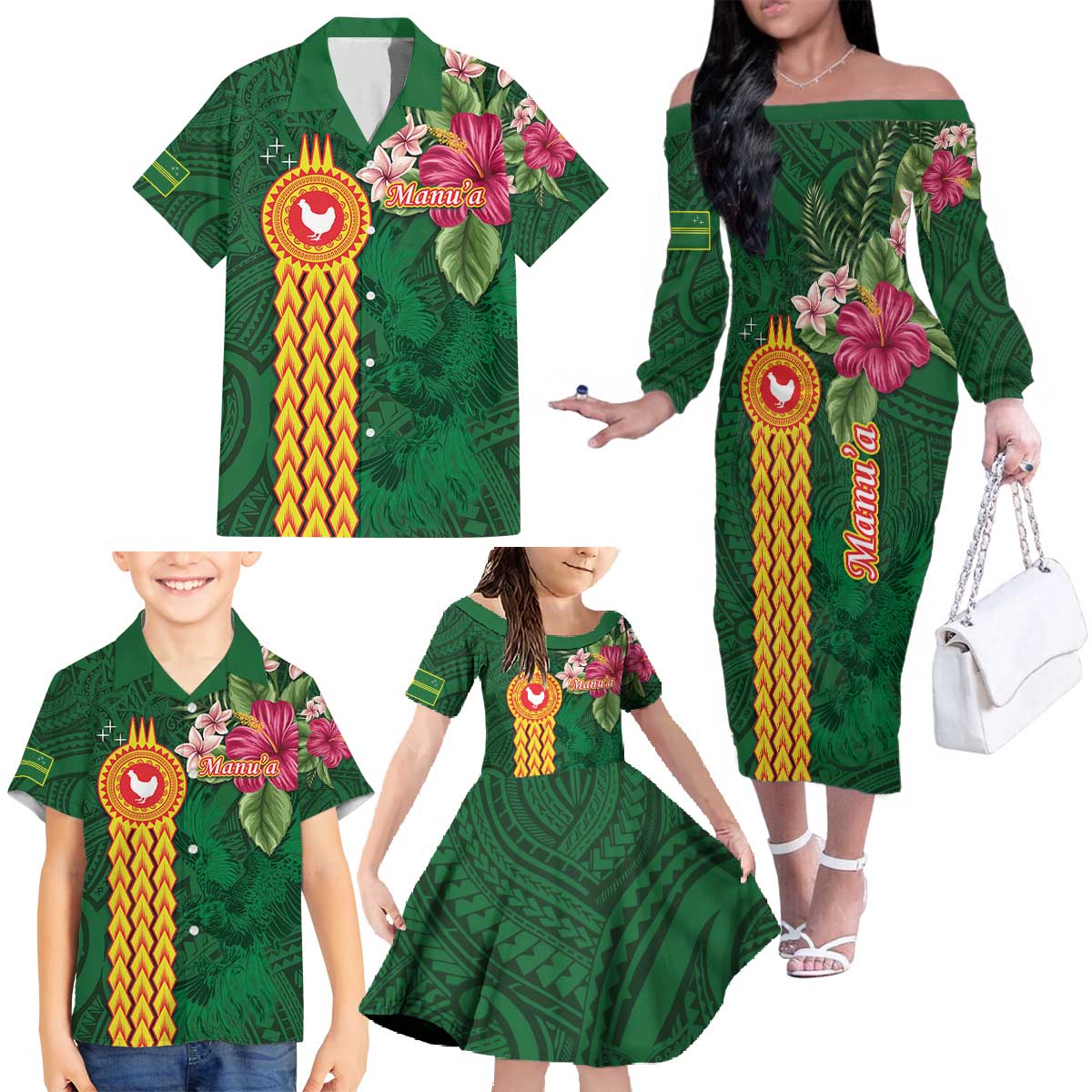Personalised Manuʻa Islands Family Matching Off The Shoulder Long Sleeve Dress and Hawaiian Shirt Polynesian Style with Rooster Tattoo and Tropical Plants LT03 - Polynesian Pride