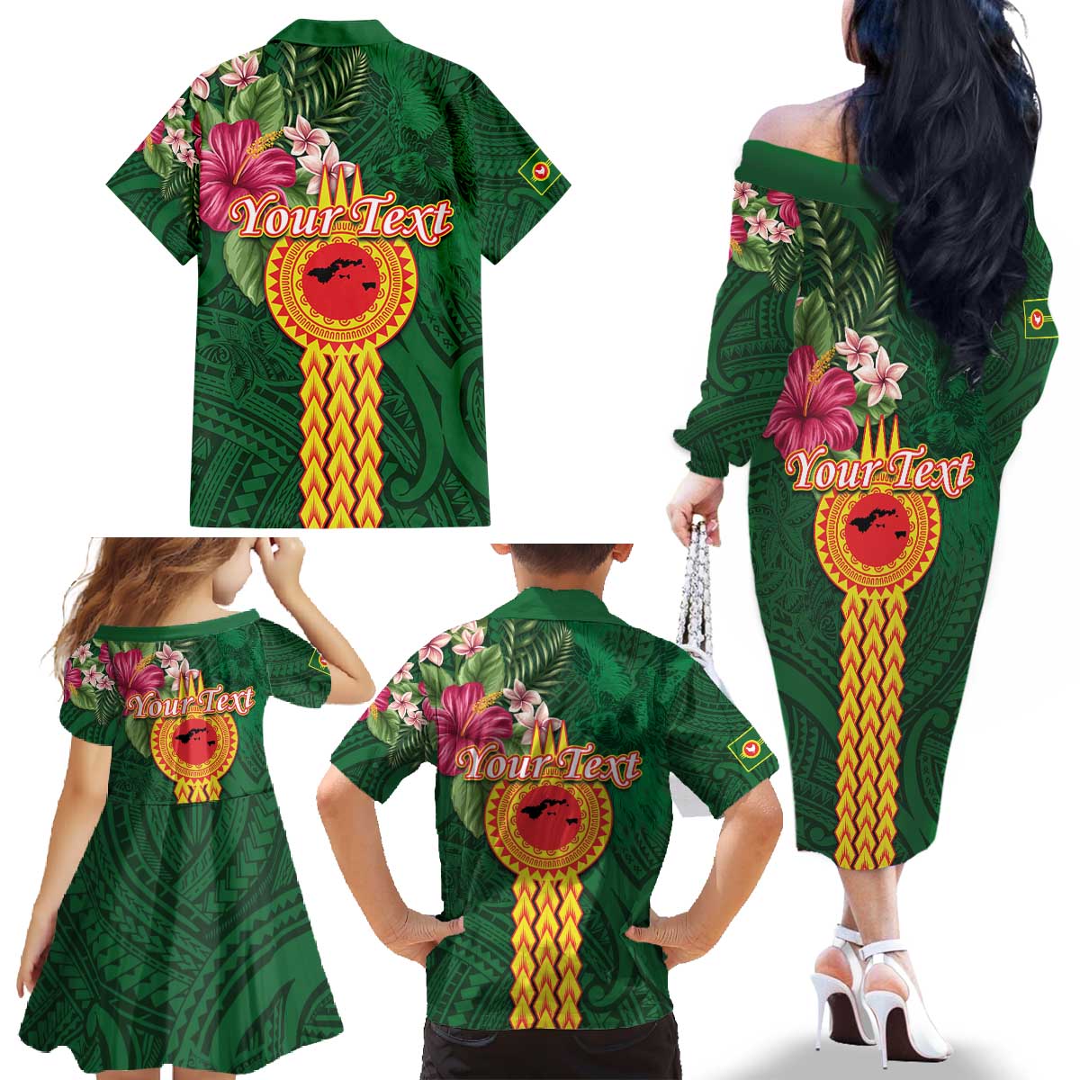 Personalised Manuʻa Islands Family Matching Off The Shoulder Long Sleeve Dress and Hawaiian Shirt Polynesian Style with Rooster Tattoo and Tropical Plants LT03 - Polynesian Pride