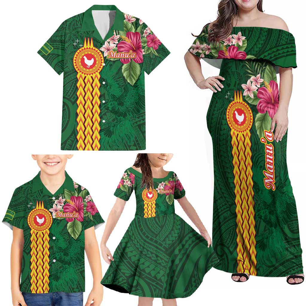 Personalised Manuʻa Islands Family Matching Off Shoulder Maxi Dress and Hawaiian Shirt Polynesian Style with Rooster Tattoo and Tropical Plants LT03 - Polynesian Pride
