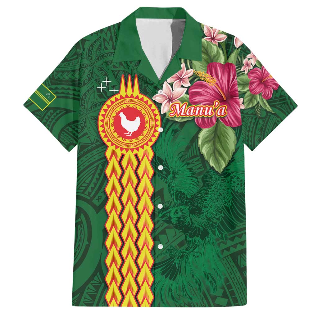 Personalised Manuʻa Islands Family Matching Off Shoulder Maxi Dress and Hawaiian Shirt Polynesian Style with Rooster Tattoo and Tropical Plants LT03 Dad's Shirt - Short Sleeve Green - Polynesian Pride