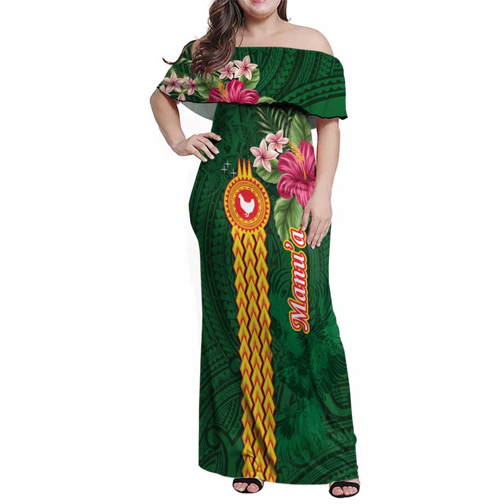 Personalised Manuʻa Islands Family Matching Off Shoulder Maxi Dress and Hawaiian Shirt Polynesian Style with Rooster Tattoo and Tropical Plants LT03 Mom's Dress Green - Polynesian Pride