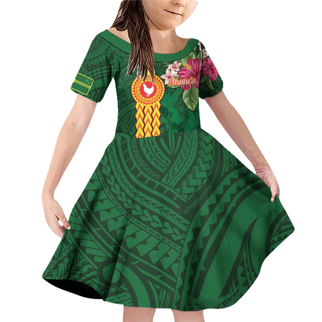 Personalised Manuʻa Islands Family Matching Off Shoulder Short Dress and Hawaiian Shirt Polynesian Style with Rooster Tattoo and Tropical Plants LT03 Daughter's Dress Green - Polynesian Pride