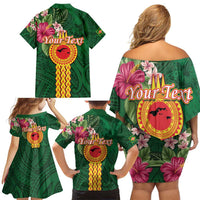 Personalised Manuʻa Islands Family Matching Off Shoulder Short Dress and Hawaiian Shirt Polynesian Style with Rooster Tattoo and Tropical Plants LT03 - Polynesian Pride