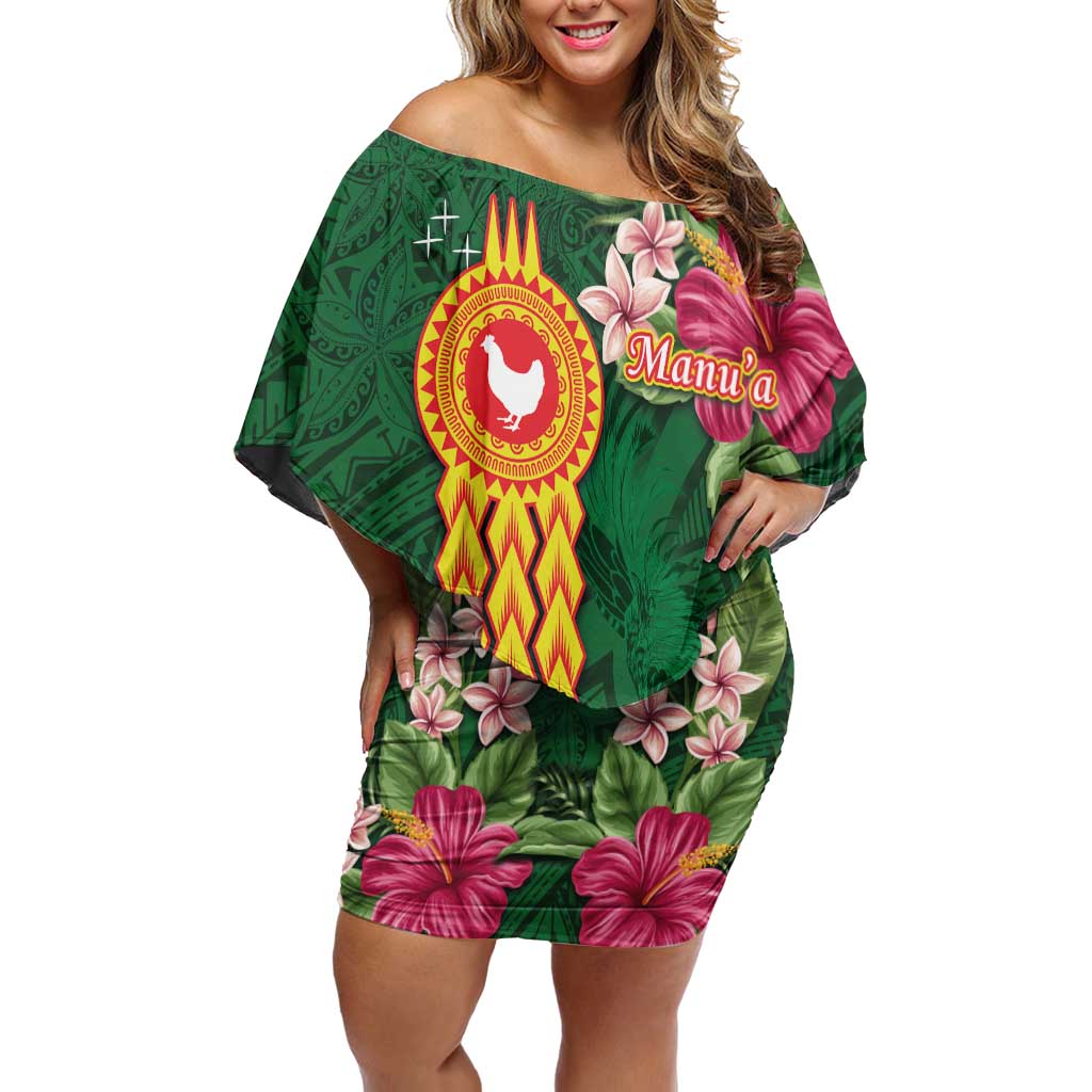 Personalised Manuʻa Islands Family Matching Off Shoulder Short Dress and Hawaiian Shirt Polynesian Style with Rooster Tattoo and Tropical Plants LT03 Mom's Dress Green - Polynesian Pride