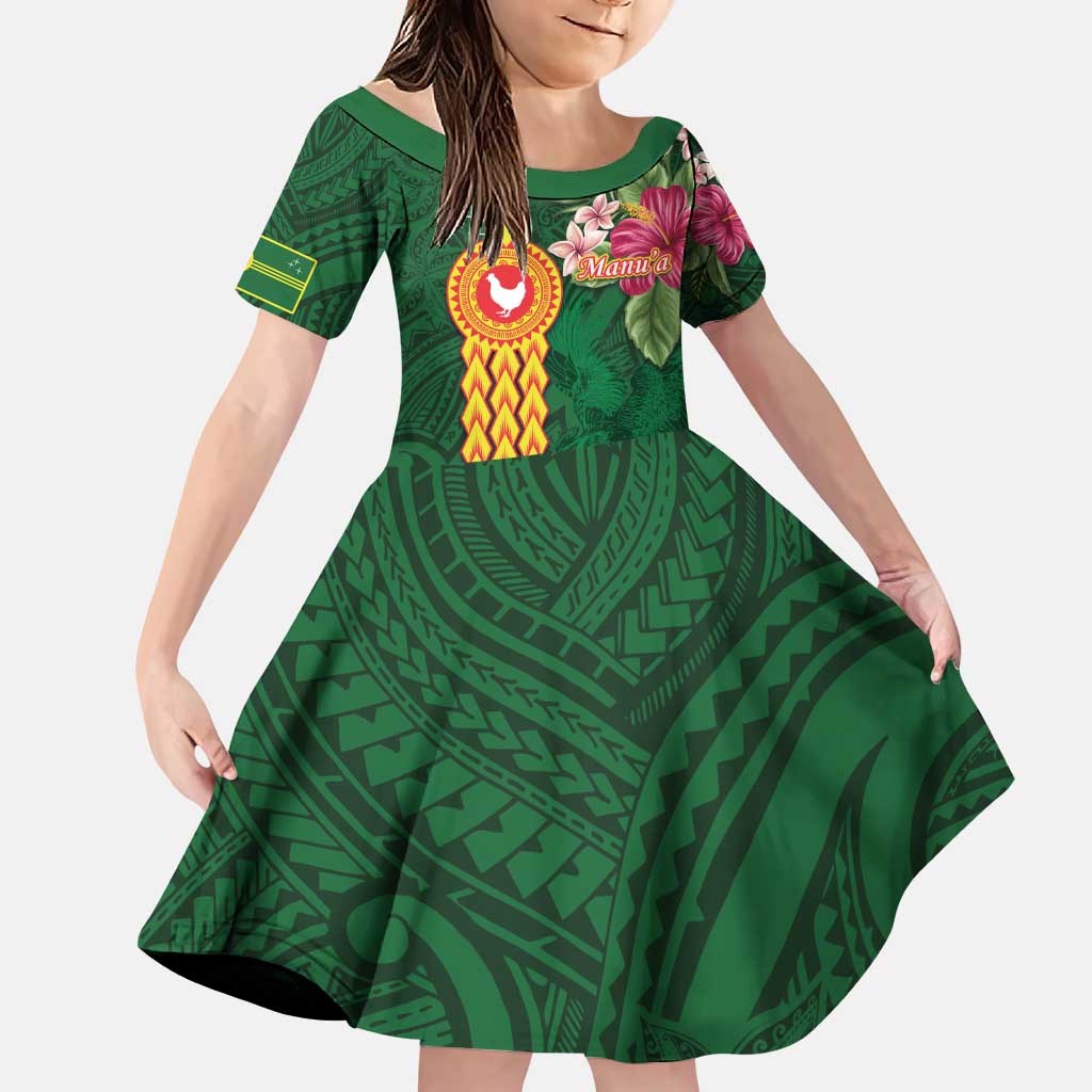 Personalised Manuʻa Islands Family Matching Puletasi and Hawaiian Shirt Polynesian Style with Rooster Tattoo and Tropical Plants LT03 Daughter's Dress Green - Polynesian Pride