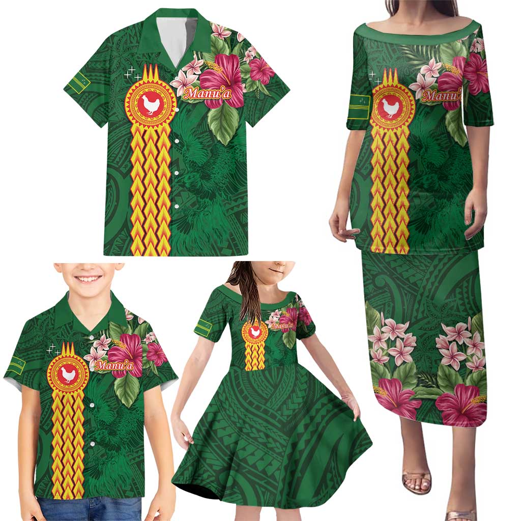 Manuʻa Islands Family Matching Puletasi and Hawaiian Shirt Polynesian Style with Rooster Tattoo and Tropical Plants