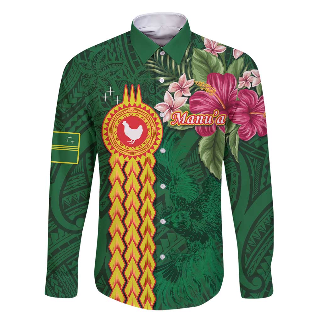 Personalised Manuʻa Islands Family Matching Short Sleeve Bodycon Dress and Hawaiian Shirt Polynesian Style with Rooster Tattoo and Tropical Plants LT03 Dad's Shirt - Long Sleeve Green - Polynesian Pride