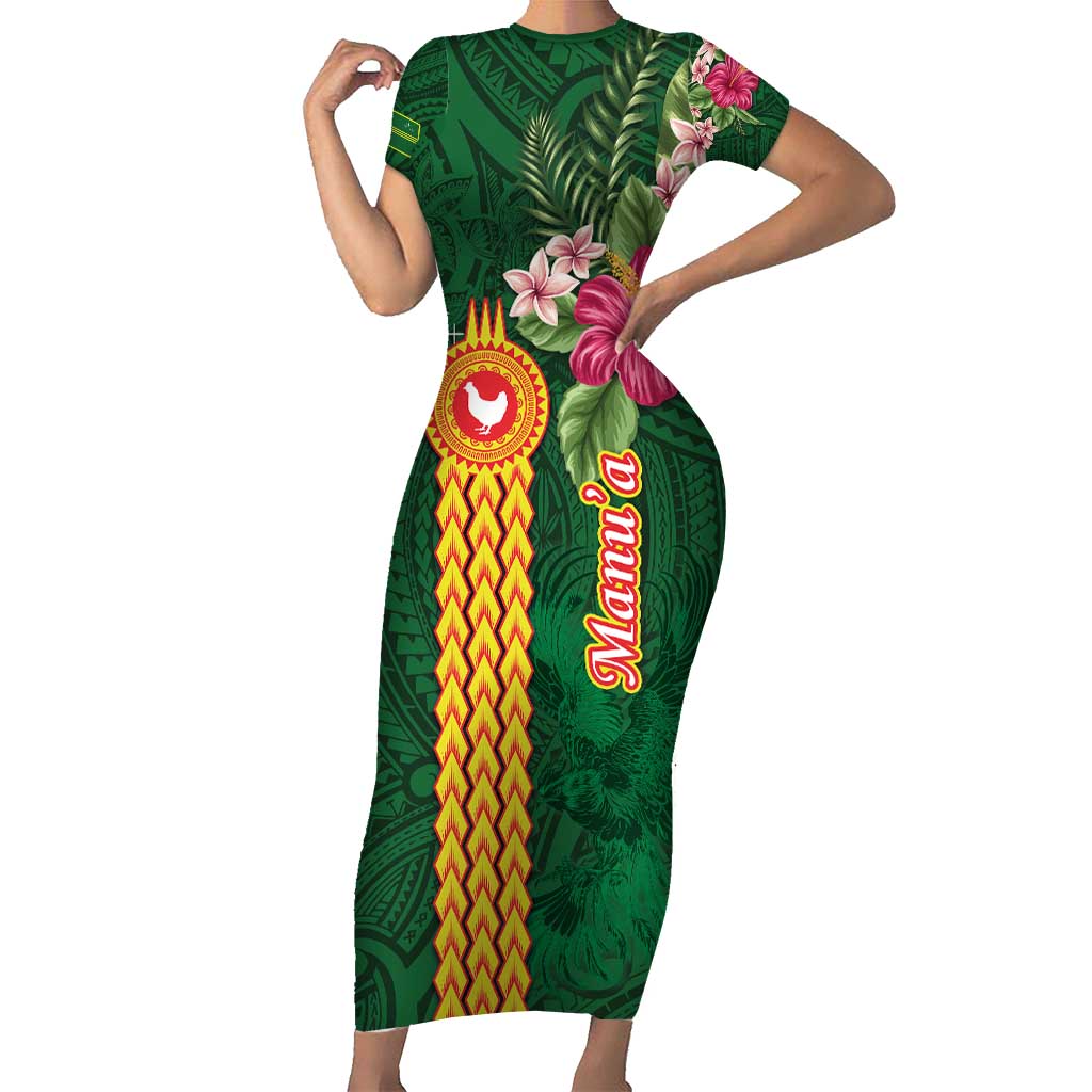 Personalised Manuʻa Islands Family Matching Short Sleeve Bodycon Dress and Hawaiian Shirt Polynesian Style with Rooster Tattoo and Tropical Plants LT03 Mom's Dress Green - Polynesian Pride